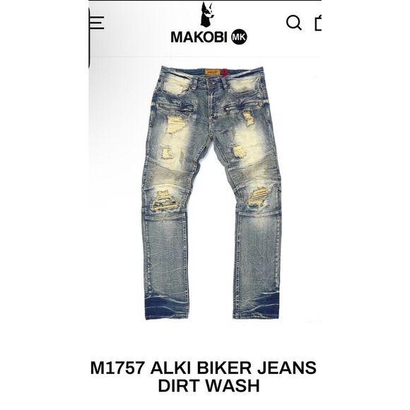 MAKOBI Alki Biker Jeans Mens 44X32‎ M1757 Vintage Light Wash Moto Distressed NWT